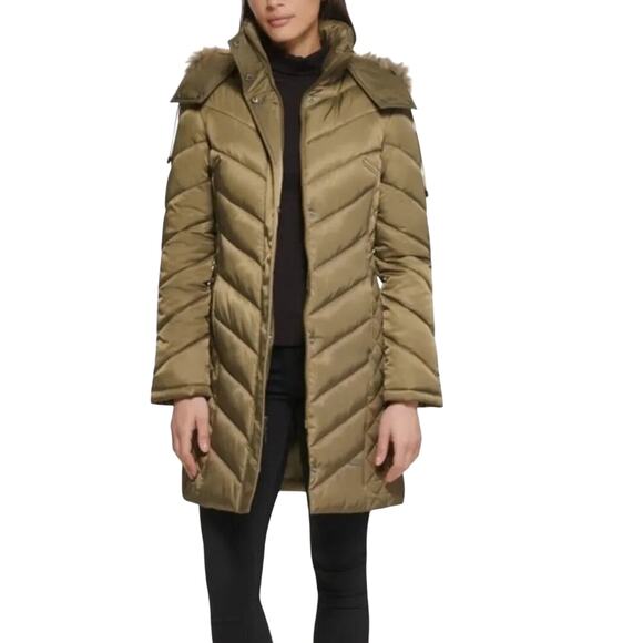 KENNETH COLE Olive Mid-Length Chevron Quilted Puffer Hooded Coat Faux Fur Size M - Picture 2 of 7